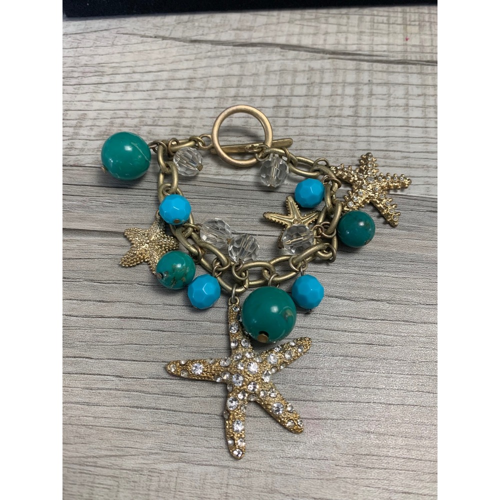 Gold Tone Starfish Charm Bracelet Turquoise Blue Beads Rhinestone Coastal 7in